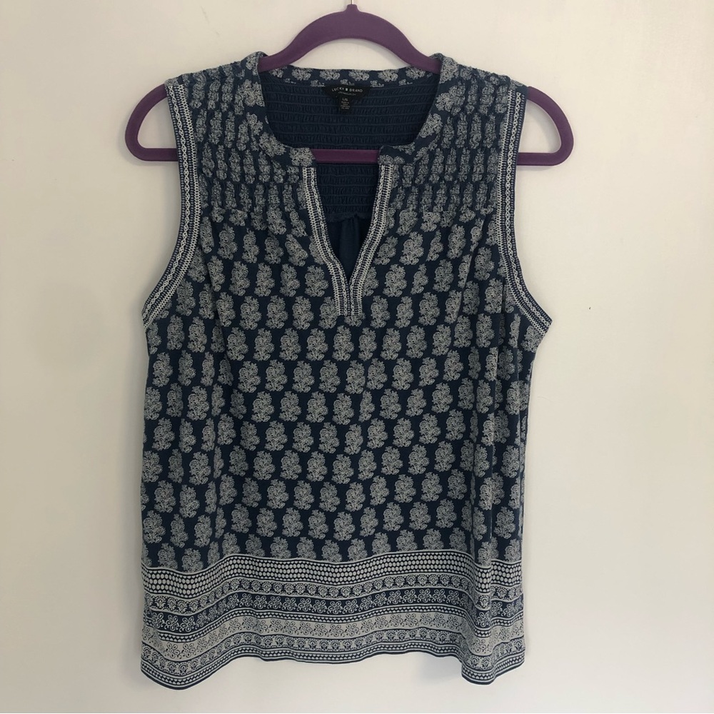 LUCKY BRAND Women’s Blue Floral Print Embroidered Sleeveless Boho Blouse Sz L